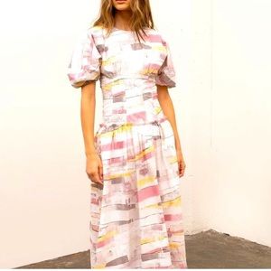 Moon River/Revolve puff sleeve maxi dress multi color summer check pink S NWOT